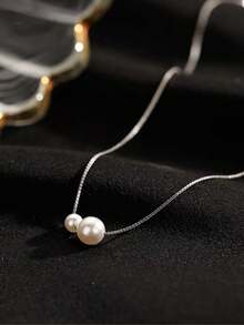 1 件简约高端风格极简个性化百搭精致 S925 纯银和两颗人造珍珠装饰锁骨链项链，适合女士、日常佩戴和礼物 - 銀色 - 查看 3