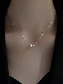 1 件简约高端风格极简个性化百搭精致 S925 纯银和两颗人造珍珠装饰锁骨链项链，适合女士、日常佩戴和礼物 - 銀色 - 查看 1