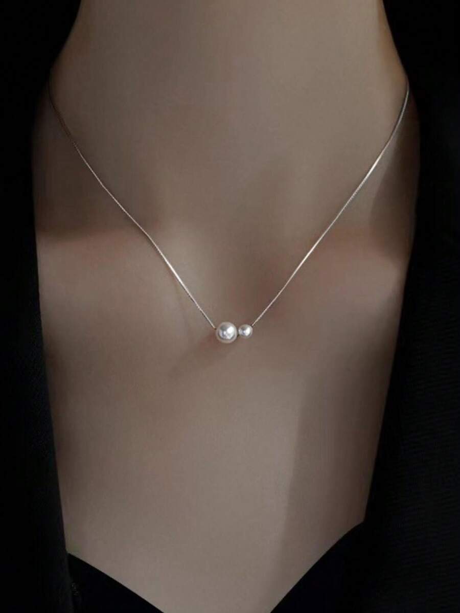 1 件简约高端风格极简个性化百搭精致 S925 纯银和两颗人造珍珠装饰锁骨链项链，适合女士、日常佩戴和礼物 - 銀色 - 查看 1