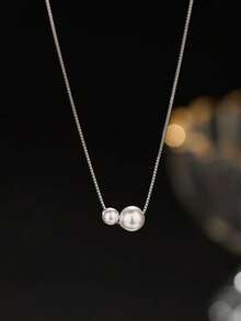 1 件简约高端风格极简个性化百搭精致 S925 纯银和两颗人造珍珠装饰锁骨链项链，适合女士、日常佩戴和礼物 - 銀色 - 查看 4