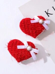 2 件裝女士紅色天鵝絨金線刺繡心形髮夾,帶有白色蝴蝶結和 Ab 色珍珠,適合情人節、派對、聚會、節日佩戴 - 彩色 - 查看 1