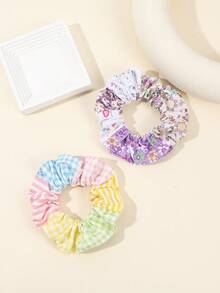 2pcs Women's Check Pattern Bowknot Hair Scrunchies With Rhinestones, Dating Hair Ties - Multicolor - View 1