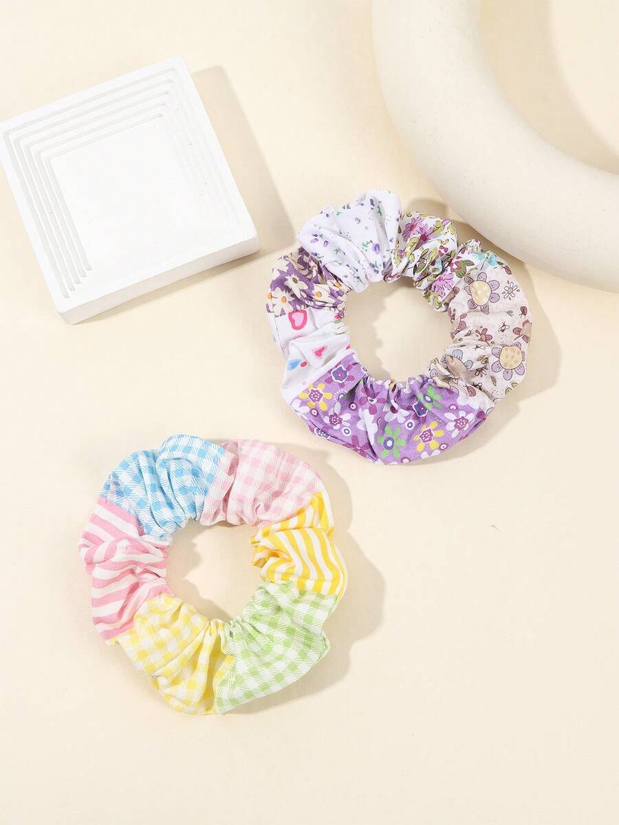 2pcs Women's Check Pattern Bowknot Hair Scrunchies With Rhinestones, Dating Hair Ties - Multicolor - View 1