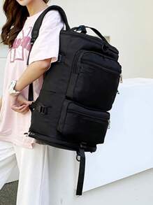 Large-Capacity Shouldered Simple Waterproof Double-Back Duffel Bag, School Bag, Portable, Laptop Compartment, Large Capacity, For Teen Girls Women College Students, College, Middle School, High School, Outdoors, Travel, Outings, Elementary School, Office, Fashion Bookbag With Pencil Pouch - Black - View 3