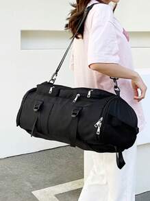 Large-Capacity Shouldered Simple Waterproof Double-Back Duffel Bag, School Bag, Portable, Laptop Compartment, Large Capacity, For Teen Girls Women College Students, College, Middle School, High School, Outdoors, Travel, Outings, Elementary School, Office, Fashion Bookbag With Pencil Pouch - Black - View 4