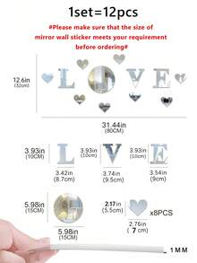 12入組1mm極薄現代風格love和八個心形裝飾鏡貼,可拆式自粘丙烯酸鏡牆貼紙,壁藝、壁紙、家居裝飾、臥房配件、房間裝飾 - 銀色 - 查看 2