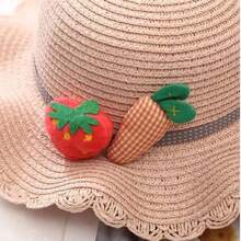 1頂卡通胡蘿蔔草莓裝飾波浪邊帽子,配有防風繩,適合兒童日常使用 - 粉色 - 查看 5