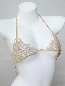 Rhinestone Gold Plated Leaf Shaped Body Chain For Bra - Gold - View 2