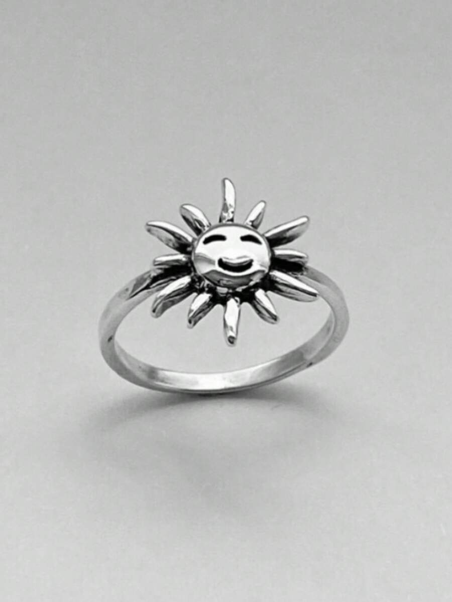 1個復古微笑的太陽符號裝飾的女戒指,適用於紀念日、節日、婚禮、派對 - 銀色 - 查看 1