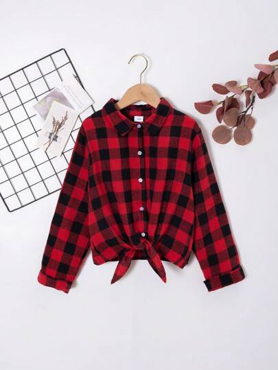 Young Girl Casual Holiday Style Red & Black Plaid Tie Front Long Sleeve Shirt