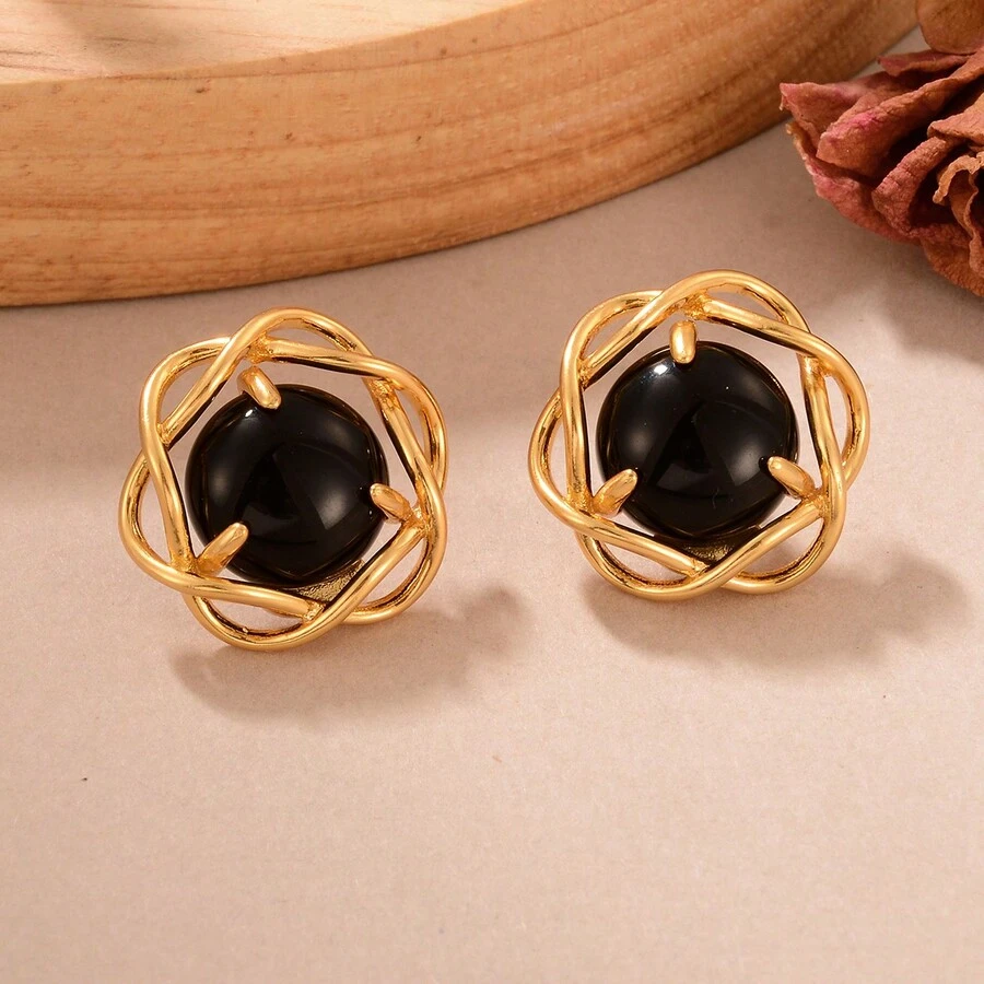 1對復古銅鍍金925銀針黑曜石耳環,適用於女性約會、派對、禮物 - 彩色 - 查看 1