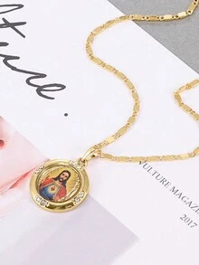 1 件时尚镀金闪亮水晶莱茵石耶稣圆形吊坠项链男士 - 金黃色 - 查看 3