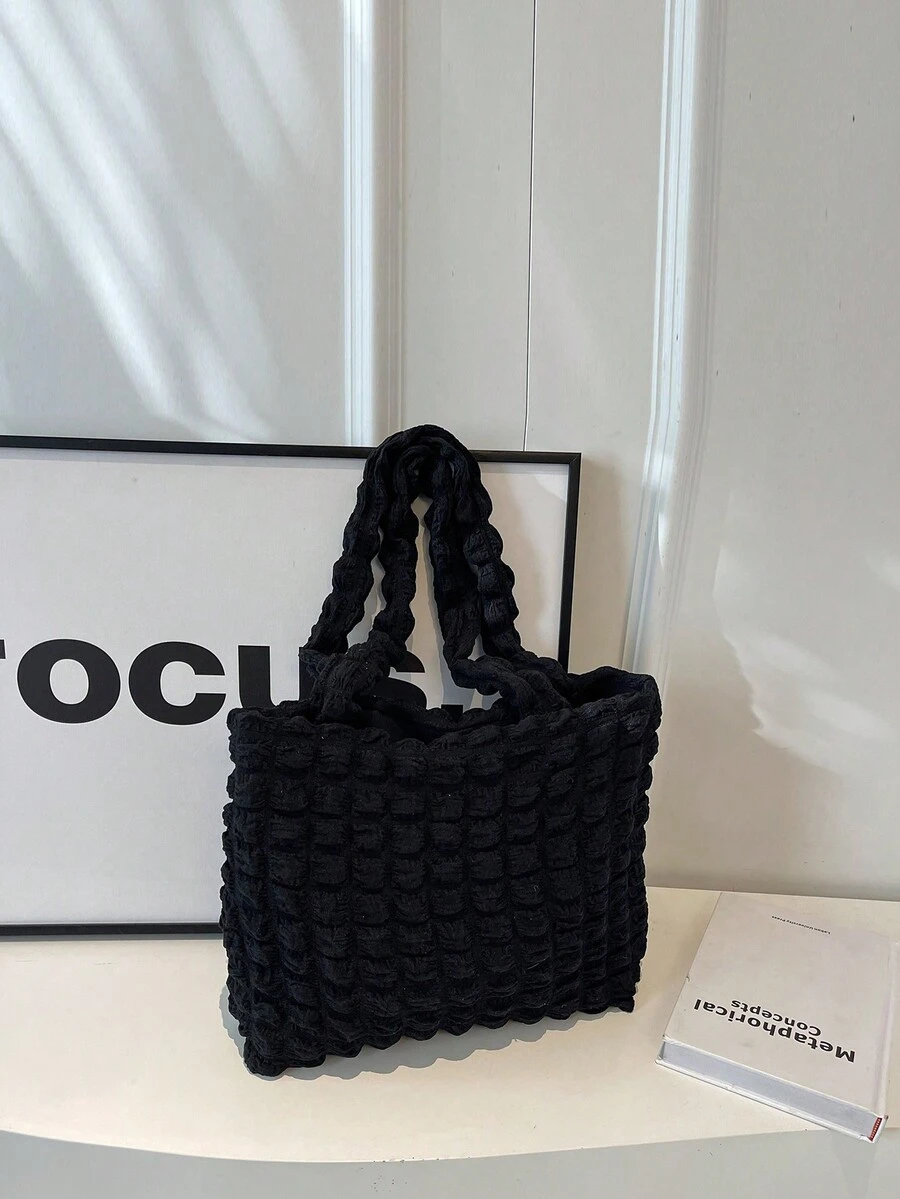 1入組女孩實色氣泡尼龍手提袋,簡單開放式肩背袋,適用於日常使用 - 黑色 - 查看 1