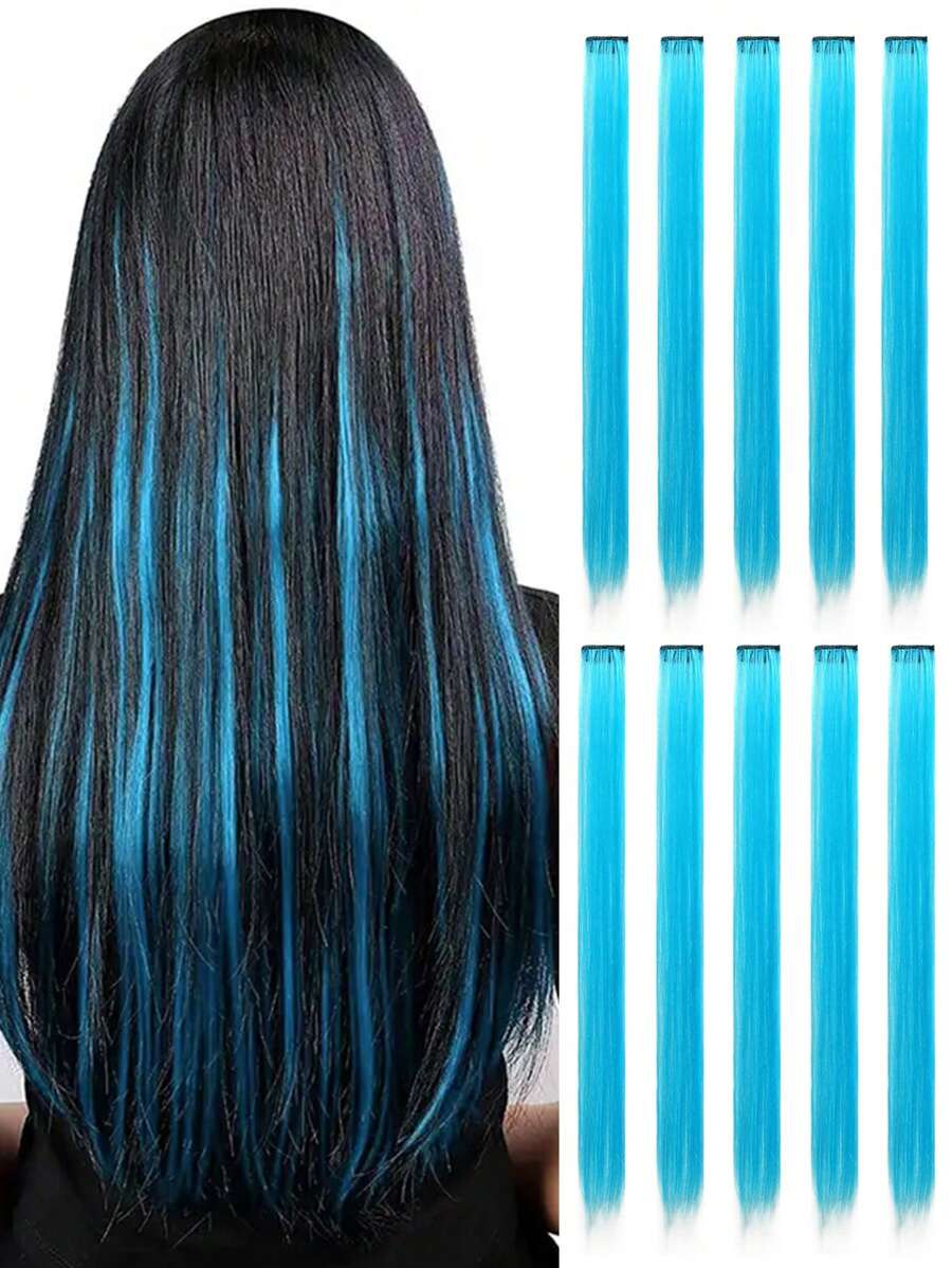 10入組淺藍色多彩夾式假髮延長片,適用於日常穿著、派對、服裝和角色扮演女孩公主派對彩色直髮延長片 22英寸 - 淺藍色 - 查看 1