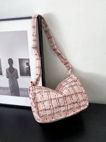 1 Pc Women's Contrast Checked Corduroy Zip Closed Fashion Shoulder Bag Suitable For Daily Office Workers' Schools In Autumn And Winter - Pink - View 2