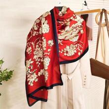 經典女性時尚防風紅色印花圍巾,優雅的緞面戶外防曬披肩,旅行頭巾 - 紅色 - 查看 3