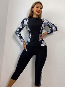 高领拉链吊带坦克比基尼泳衣，热带印花长袖上衣搭配七分裤，女士休闲优雅两件式泳装，中等弹力，适合度假沙滩穿着，黑色夏季款 - 黑色 - 查看 1