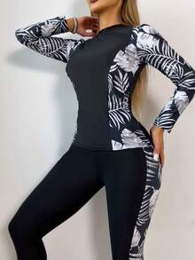 高领拉链吊带坦克比基尼泳衣，热带印花长袖上衣搭配七分裤，女士休闲优雅两件式泳装，中等弹力，适合度假沙滩穿着，黑色夏季款 - 黑色 - 查看 2