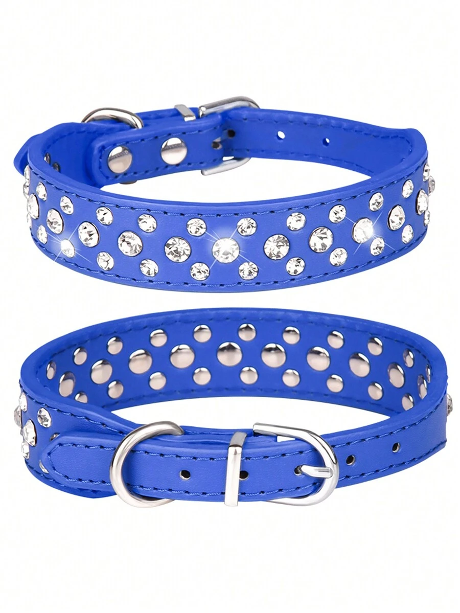 1pc Sparkling Rhinestone Collar Leather Dog Collar Crystal Diamond Pet Collar For Small & Medium-Sized Cats & Dogs - Blue - View 1