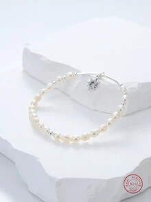 1pc Fashionable 925 Sterling Silver Faux Pearl Octagram Pendant Bracelet For Women, Suitable For Daily Wear - Multicolor - View 2