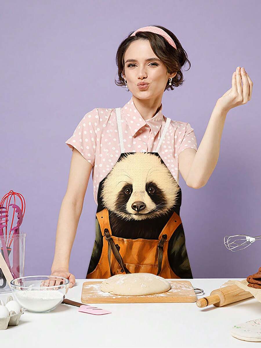 1件可愛的熊貓印花亞麻圍裙 - 彩色 - 查看 1