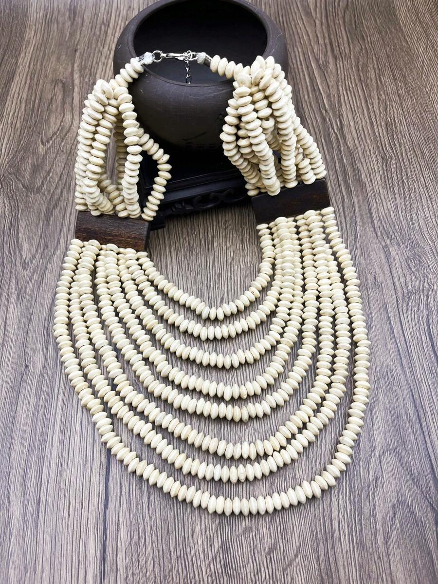Phong cách Bohemian Nhiều lớp Bằng gỗ Váy rộng Vòng cổ mặt dây chuyền , Màu be - Cà phê - Xem 1