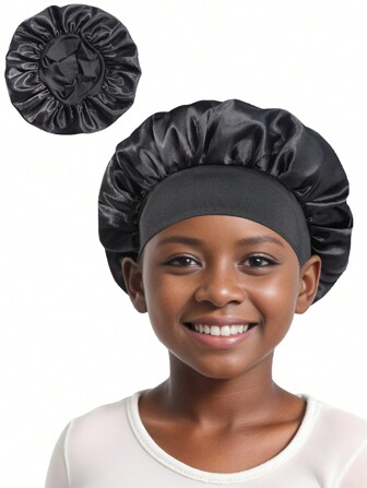 Awegeo 1pc Kids' Solid Color Wide Brim Bonnet Elastic Hair Cap, Comfortable Hair Ion