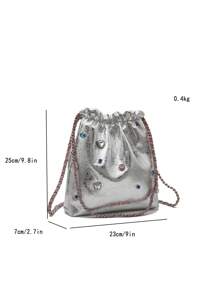 Fashion Silver Rhinestone Decor Drawstring Design Shoulder Bag - Silver - View 7