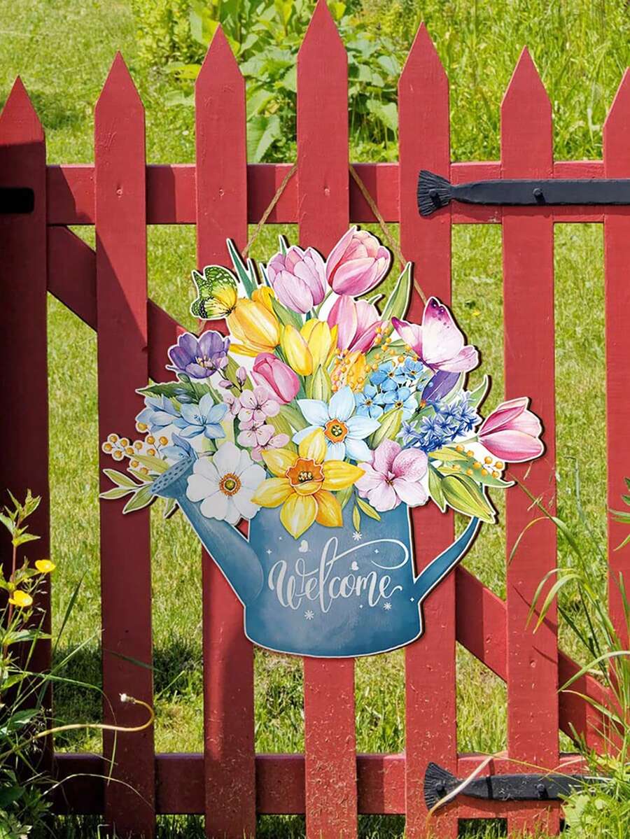 1pc Spring Flower Welcome Door Sign,Wooden Hanging Sign,Rustic Farmhouse Wall Pediment For Front Door,Home Decoration. - Flower Kettle - View 1