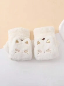 1 Pair Women's Cat Cartoon Convertible Half Finger Gloves, Warm Plush Lining Thick Winter Gloves