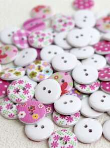 50pcs 1.5cm Wooden Buttons With Cute Pink Colorful Pattern, Great For Sewing, Crafting, Doll Accessories