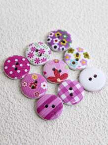 50pcs 1.5cm Wooden Buttons With Cute Pink Colorful Pattern, Great For Sewing, Crafting, Doll Accessories