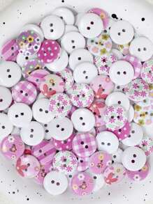 50pcs 1.5cm Wooden Buttons With Cute Pink Colorful Pattern, Great For Sewing, Crafting, Doll Accessories