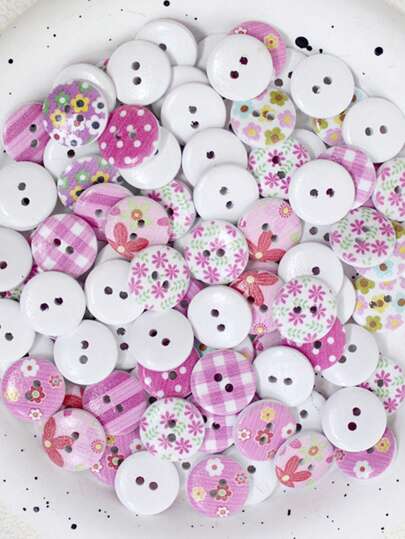 50pcs 1.5cm Wooden Buttons With Cute Pink Colorful Pattern, Great For Sewing, Crafting, Doll Accessories