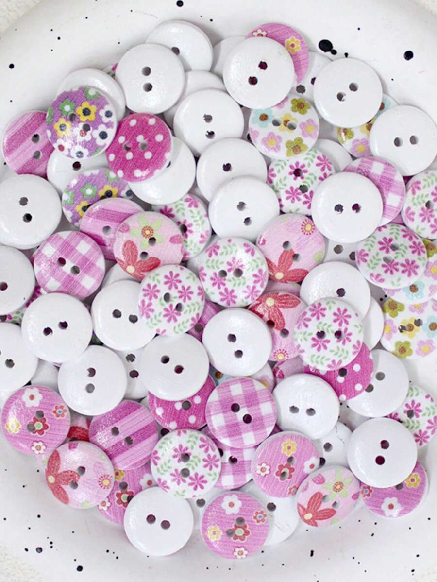 50pcs 1.5cm Wooden Buttons With Cute Pink Colorful Pattern, Great For Sewing, Crafting, Doll Accessories
