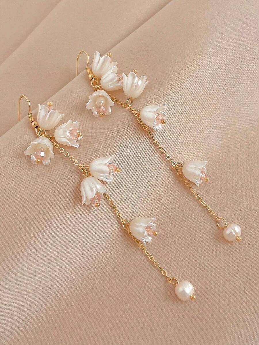 1pair Girls' Tulip Flower Long Earrings Suitable For Daily Wear - Multicolor - View 1