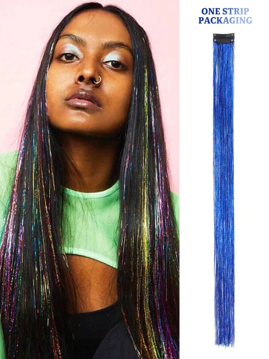 合成假髮延伸24英寸藍寶石閃閃發光閃亮流蘇頭髮金線色彩繽紛bb夾頭髮延伸 - 間色 - 查看 1