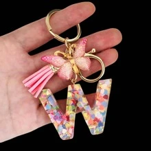 1个女士字母钥匙扣，心形闪光树脂字母，蝴蝶吊坠和流苏，新颖的背包挂件，情人节汽车配饰包包挂饰，学校万圣节配饰，教师节圣诞节礼物创意，带证件夹的挂绳，汽车配饰包包挂饰，送给母亲、父亲、毕业生和老师的礼物 - 粉色 - 查看 19