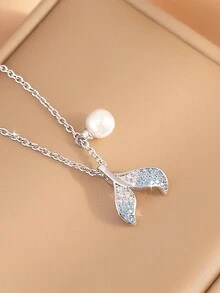 1條優雅浪漫的珍珠美人魚尾巴＆藍色立方氧化鋯細節s925項鍊,適合情人節禮物和日常穿戴 - 彩色 - 查看 3