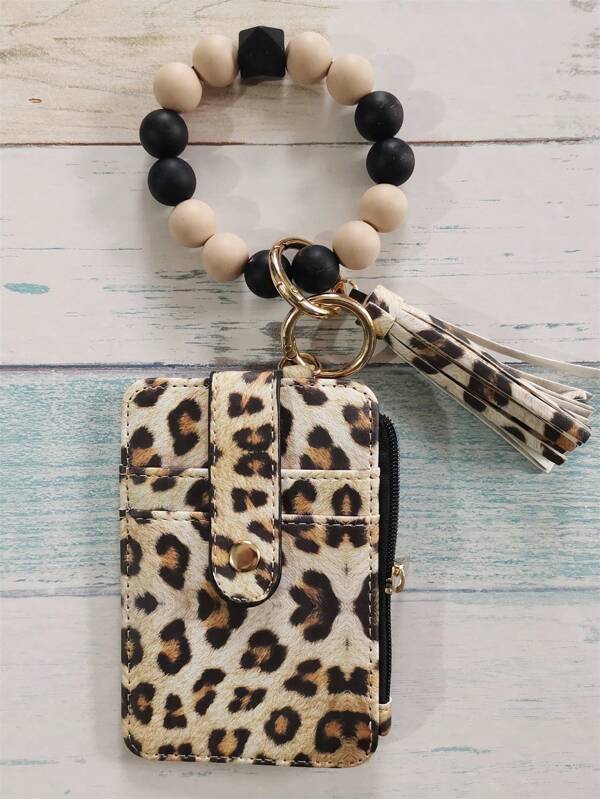 Cartera con borla de piel sintética, llavero con cuentas de silicona, pulsera con cuentas de silicona, cuerda para la mano con cuentas de silicona, estuche para tarjetas con estampado de leopardo, cartera con llavero vaquero estilo occidental, estuche para tarjetas con estampado de vaca, llavero con cartera, soporte para tarjetas, cartera, estuche para tarjetas de visita para mujer