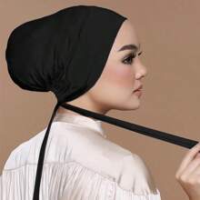 1pc Under Cap Women Hijab Solid Color Abaya Accessories Modal Headband With Elastic Cord And Adjustable Knot, Suitable For Daily Wear Women Veil - Black - View 1