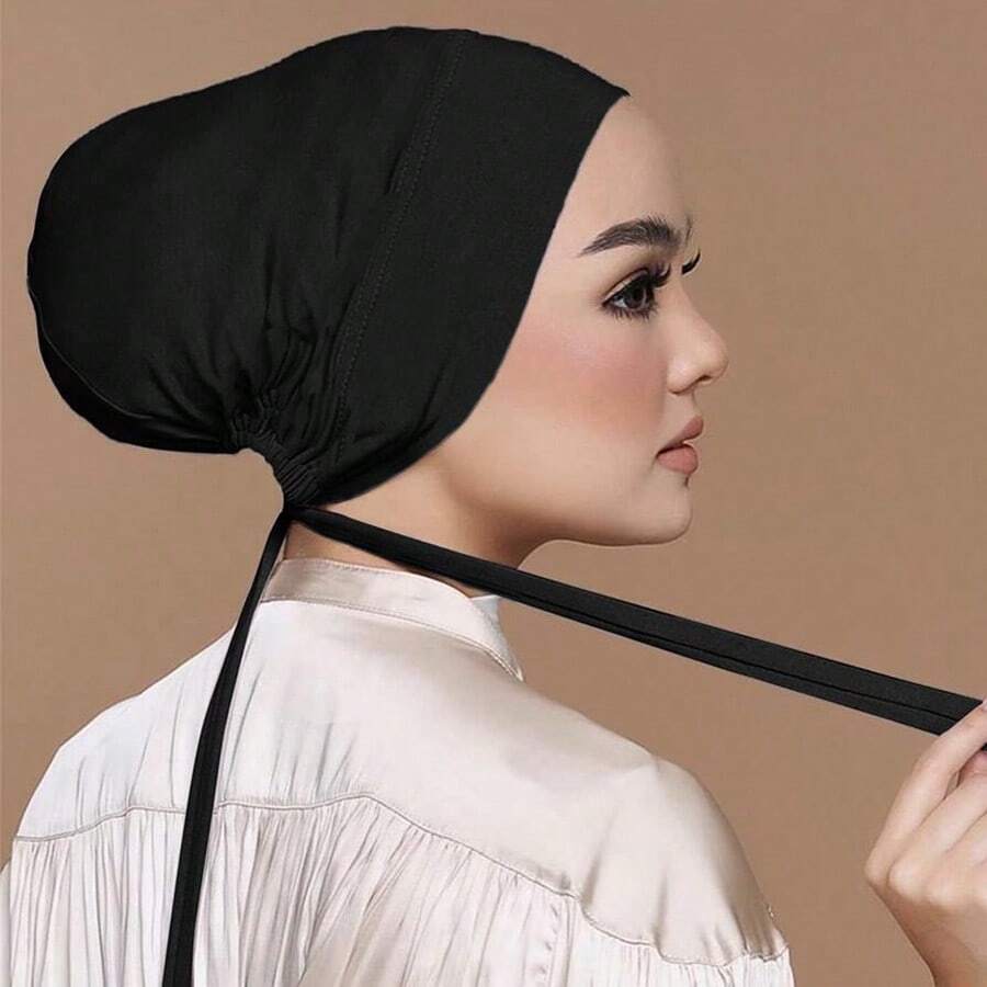 1pc Under Cap Women Hijab Solid Color Abaya Accessories Modal Headband With Elastic Cord And Adjustable Knot, Suitable For Daily Wear Women Veil - Black - View 1