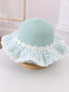 Girls' New Cute Princess Daisy Lace & Straw Woven Hat, Suitable For Beach, Travel And Daily Wear - Green - View 1