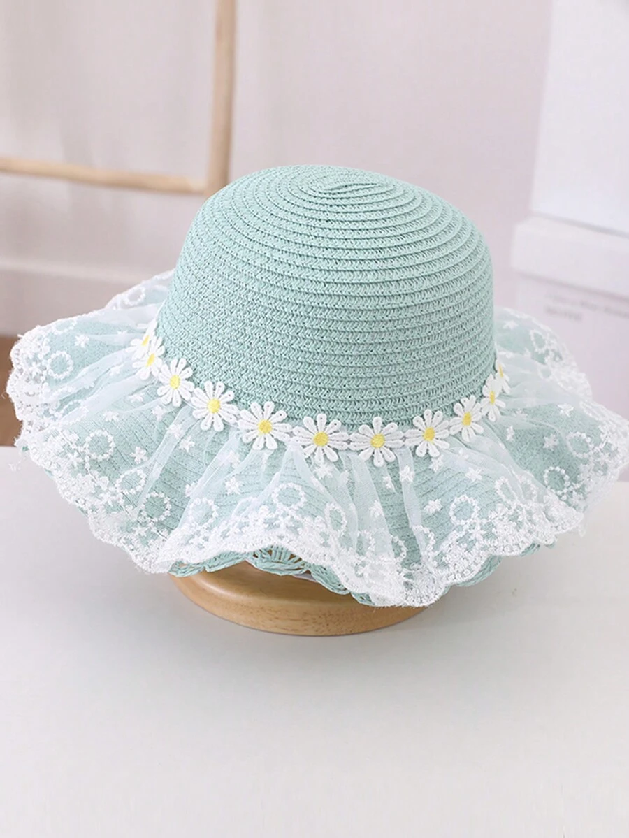 Girls' New Cute Princess Daisy Lace & Straw Woven Hat, Suitable For Beach, Travel And Daily Wear - Green - View 1