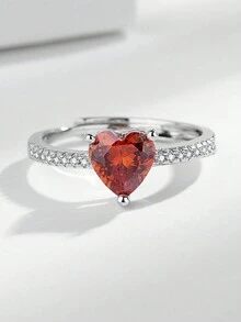 1pc Elegant And Simple Diamond Heart Shaped Open Ring With Red Cz Stone, For Women's Index Finger - Personalized Light Luxury Design