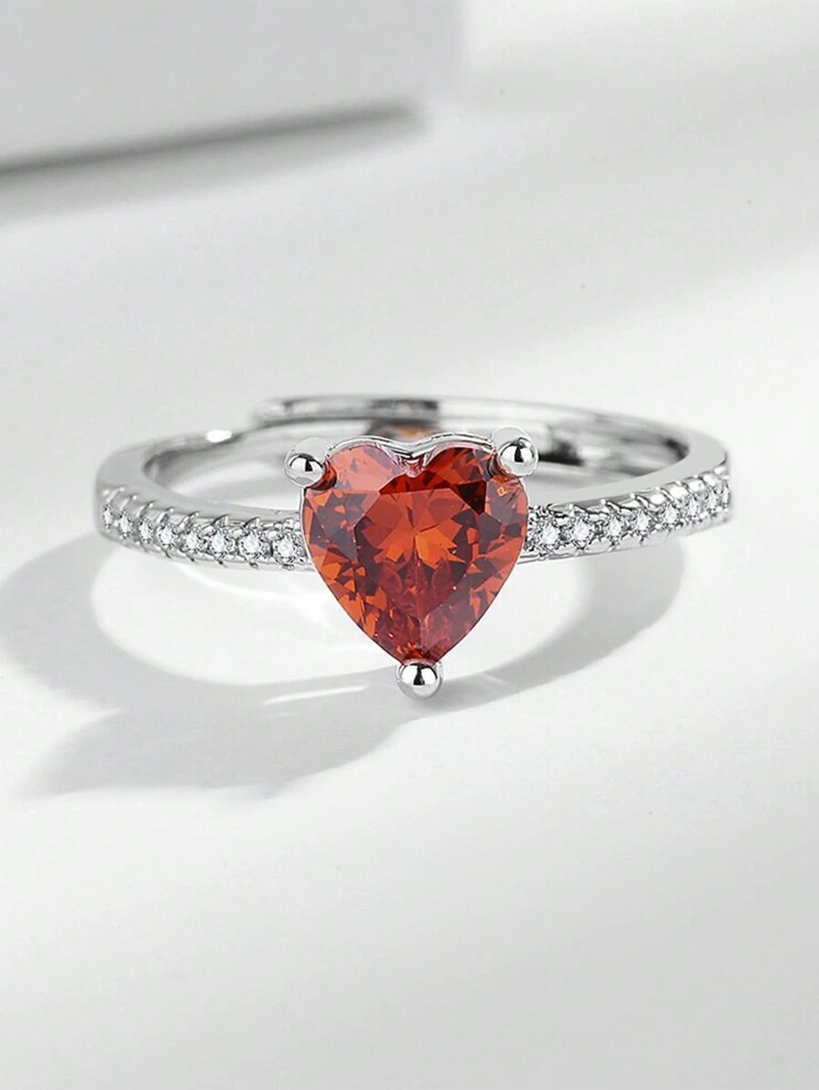 1pc Elegant And Simple Diamond Heart Shaped Open Ring With Red Cz Stone, For Women's Index Finger - Personalized Light Luxury Design