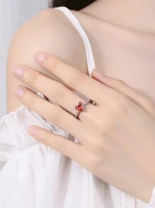 1pc Elegant And Simple Diamond Heart Shaped Open Ring With Red Cz Stone, For Women's Index Finger - Personalized Light Luxury Design