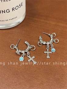 时尚十字架和猫眼和扭曲的环形耳环夹式新款个性化朋克耳钉耳饰 - 銀色 - 查看 7