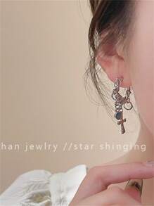 时尚十字架和猫眼和扭曲的环形耳环夹式新款个性化朋克耳钉耳饰 - 銀色 - 查看 2