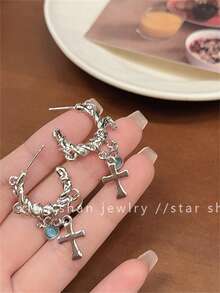 时尚十字架和猫眼和扭曲的环形耳环夹式新款个性化朋克耳钉耳饰 - 銀色 - 查看 6